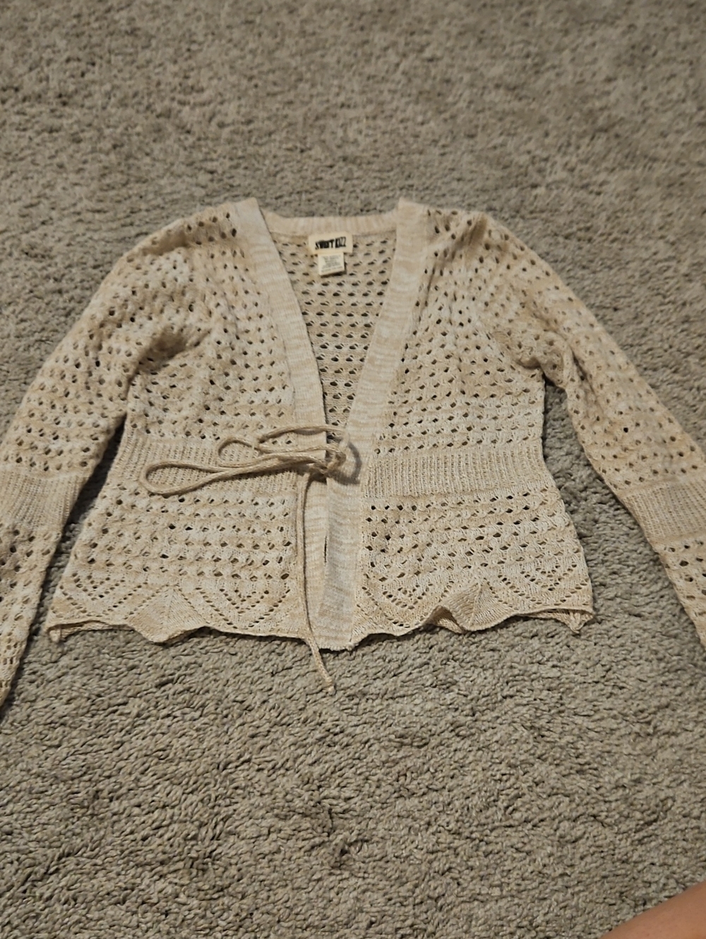 Ann Taylor Cream Openwork Tie-Waist Cardigan Sweater